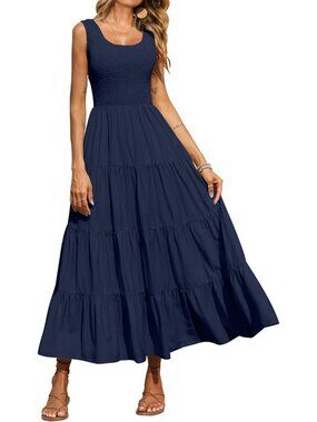 Women Dress Maxi Navy Polyester Scoop Neck Short Sleeve Vacation Casual Summer